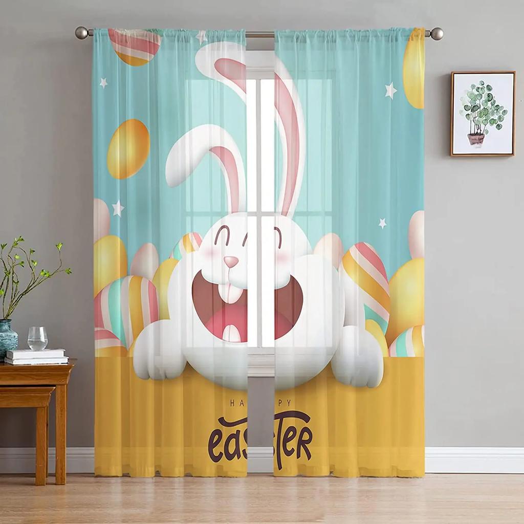 Sheer Easter Window Curtains Bedroom Living Room Egg Bunny Spring Flower Chiffon Voile Drapes Curtain Made Of Polyester Washable Sitting Ready