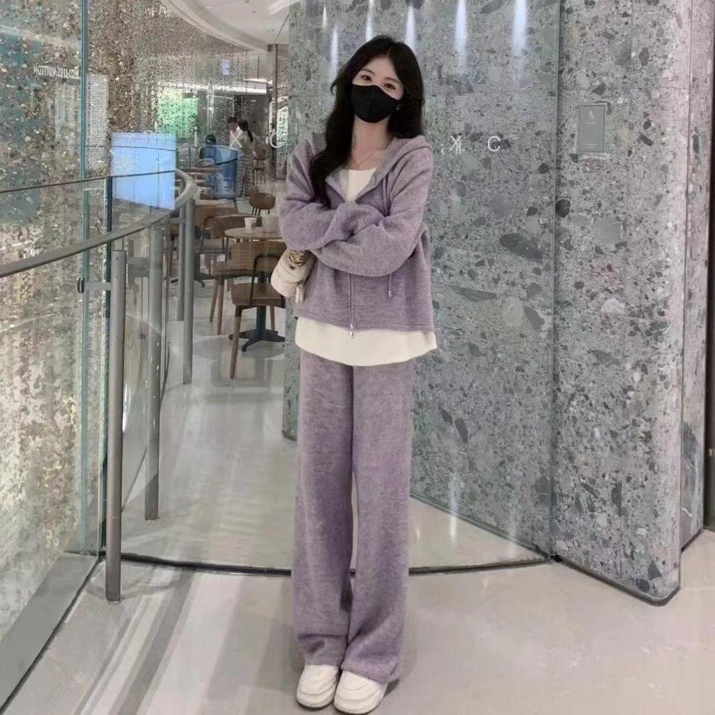 Women's Trendy Loose Fit Hooded Sweatshirt & Wide-Leg Pants Set - Spring/Autumn Casual Style