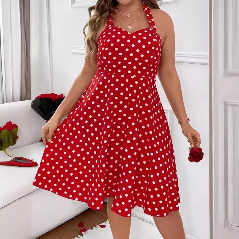 

Летнее платье с подтяжками в горошек для эффекта похудения Летнее женское платье 2XL красный