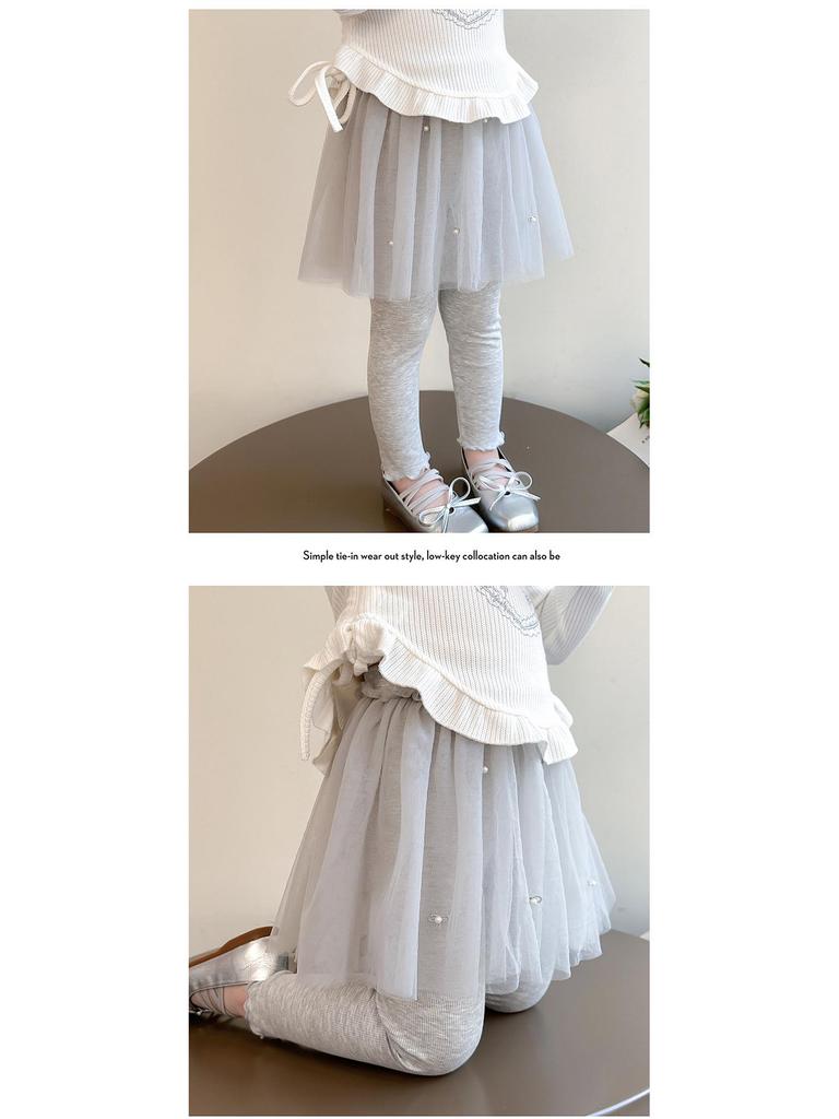 Pantalon en maille pour filles Printemps & Automne avec Jupe en Gaze Perle - Leggings Élégants Deux-en-Un pour Bébés Filles