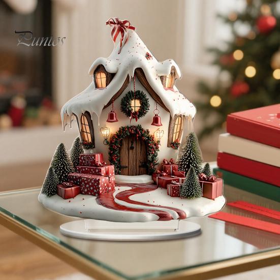 Sturdy Seasonal Shelf Decorations Winter Christmas Tree Cottage Table Decoration, Double Sided Acrylic Xmas Cabin Ornament Indoor Atmosphere