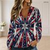 Women Plus Size V Neck Long Sleeve Red Blue Geometric Star Printed Casual Top