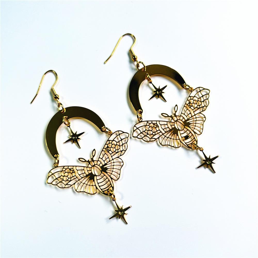 Exaggerate Retro Gold Color Stars Moon Hollowed-out Moth Pendant Stainless Steel Dangle Earrings for Women Charms Jewelry Gifts
