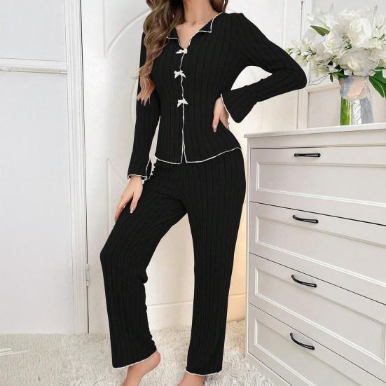 Women's 2 Piece Pajama Set Long-Sleeve Top with Bow And Long Pants Sleepwear Set Casual Fall Loungewear Pjs Set
