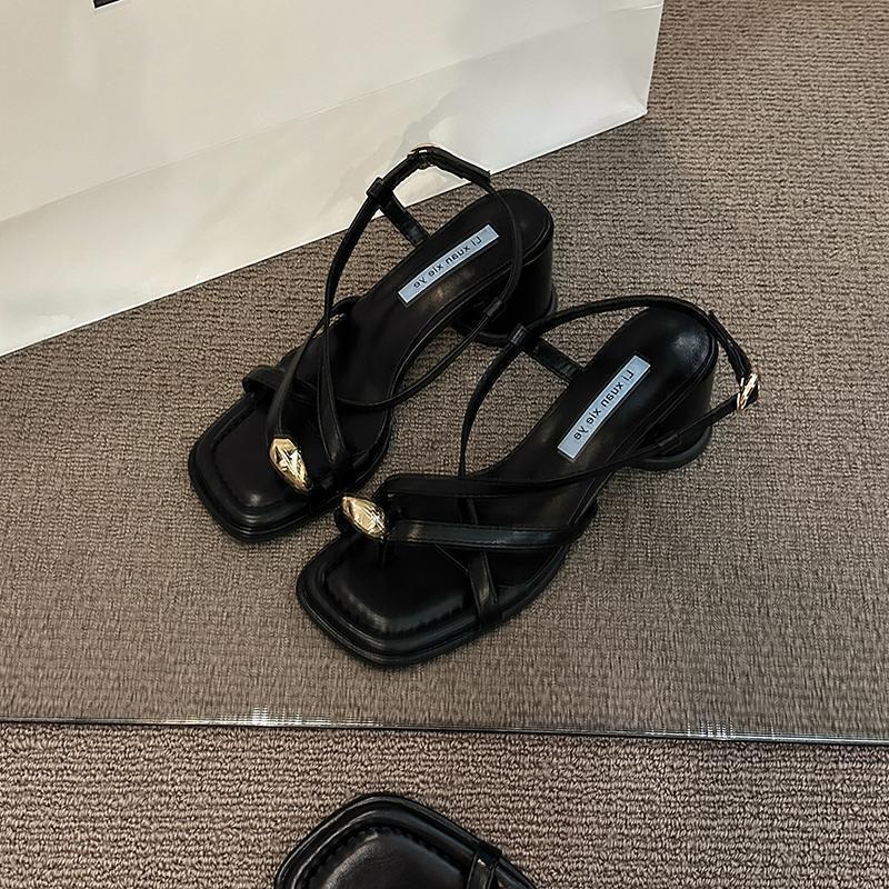 High-heeled Sandals Women's 2025 New Thick-heeled Toed Roman Shoes French Temperament Niche Pinch Foot Word Belt