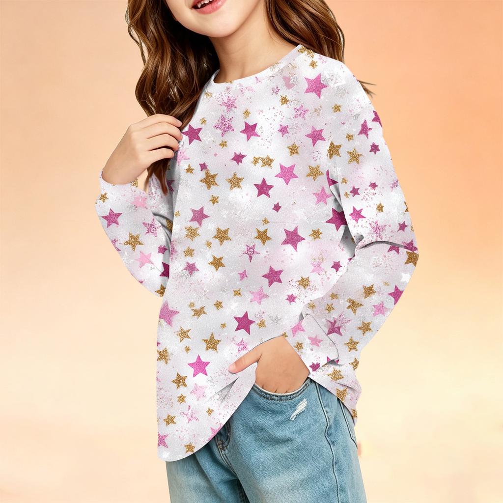 Kids Long Sleeve Printed Round Neck T-Shirt with Pocket Casual Top