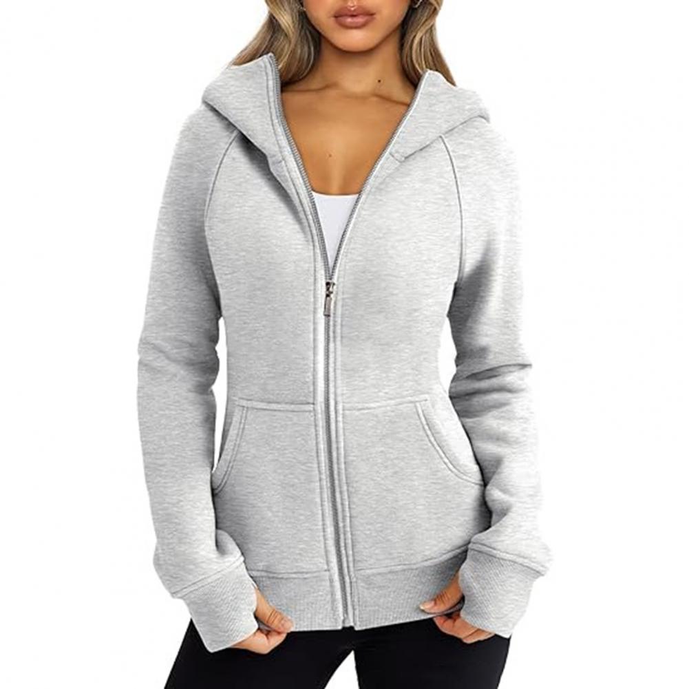 Women Jacket Plush-lined Lady Hoodie Jacket with Zipper Closure Pockets Elastic Cuffs Cozy Cardigan Coat for Wear Spring Autumn