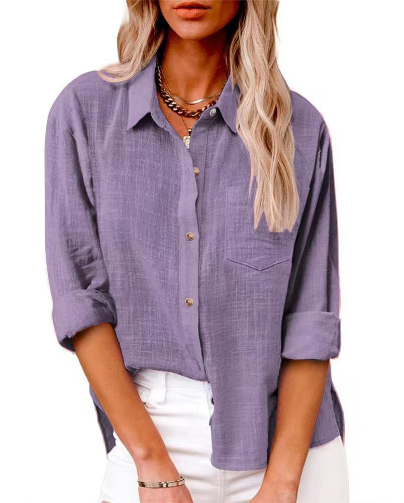 Autumn 2025 Women's Loose Fit Button-Up Cotton Linen Long Sleeve Top with Plain Color and Lapel