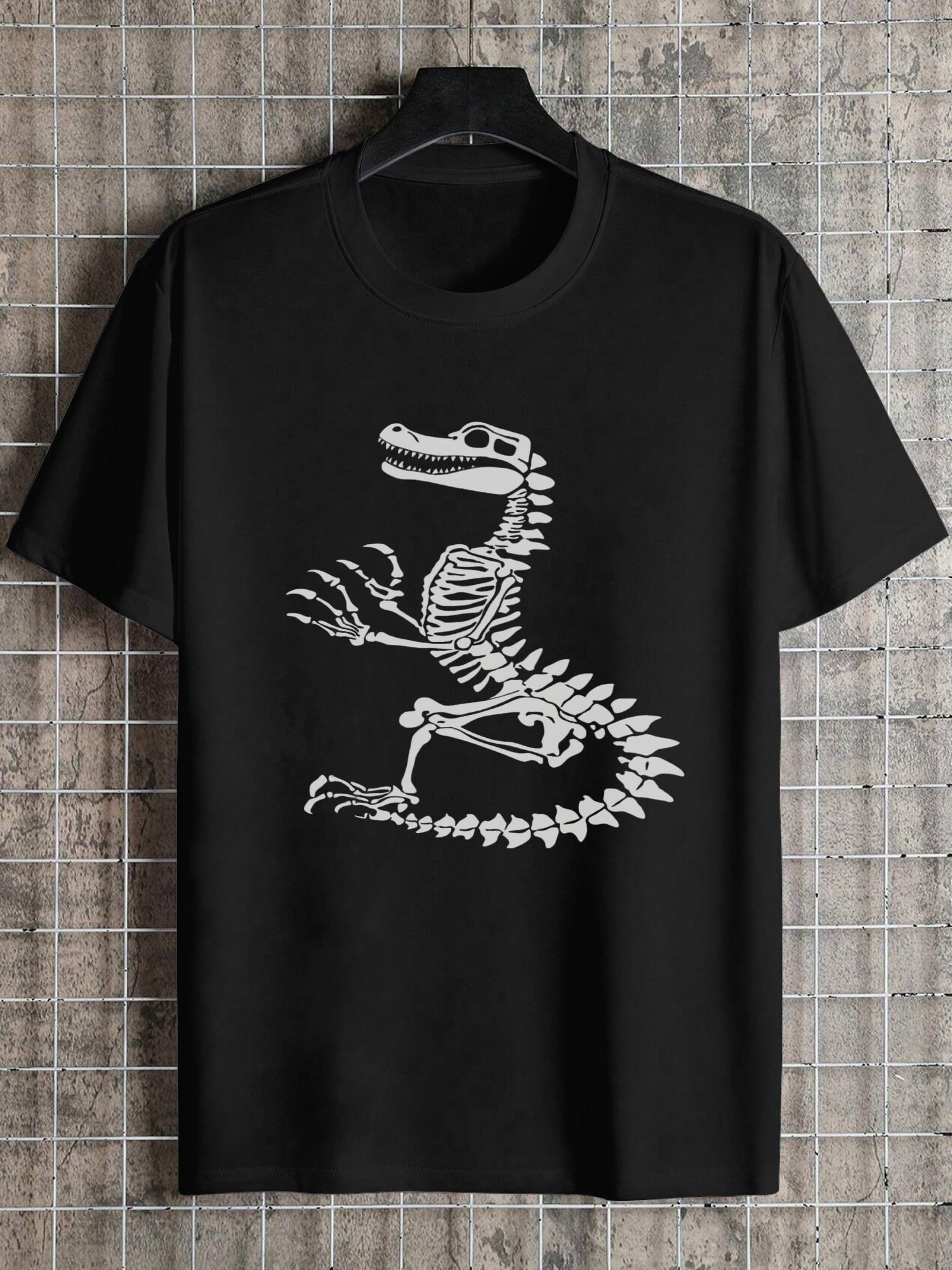 1pc Skeleton Alligator Graphic T-shirt - 180g Cotton Crew Neck Short Sleeve Tee with White Outline on Black XXXL