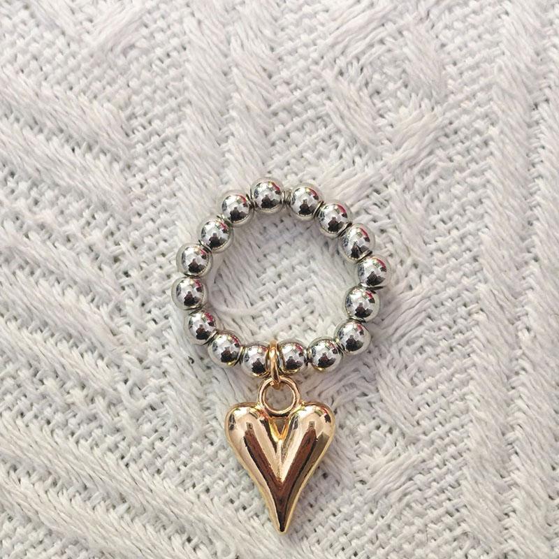 Punk Goldfarbe Herzanhänger Ringe Kreative Elastische Schnur Runde Perlenringe für Damen Herren Mode Statement Schmuck Zubehör