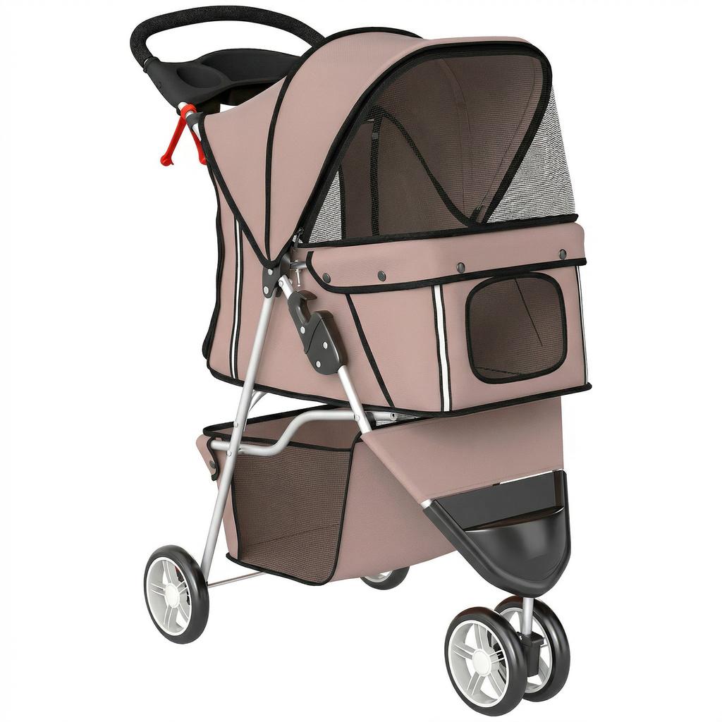 Dog Stroller, 3 Wheels Foldable Pet Stroller with Adjustable Canopy, Storage Basket for Small Mini Breeds, Coffee