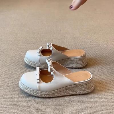 Schaffellversion~ Retro Muffin-Tasche mit dicker Sohle Schleife am Obermaterial Coole Hausschuhe 2025 Sommer neue Trageweise Halbschuhe Damen