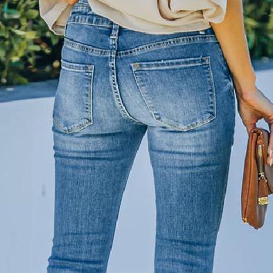 Women Jeans Gradient Color High Waist Button Zipper Closure Slightly Elastic Full