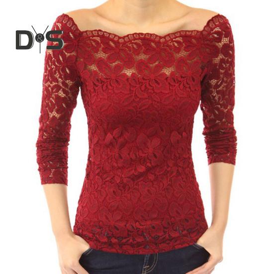 Bluzki damskie z kołnierzykiem skośnym, długimi rękawami, koronkowa koszula, koronkowe łączenie, jednolity kolor, dopasowany krój, haftowane koronkowe kwiatki