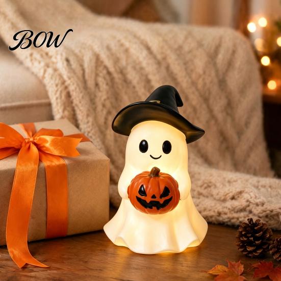 Whimsical Halloween Statue Ghost Figurine, Cute Resin Holding Pumpkin Night Light for Desk Tabletop Indoor Home Decor Healing Room Accessory