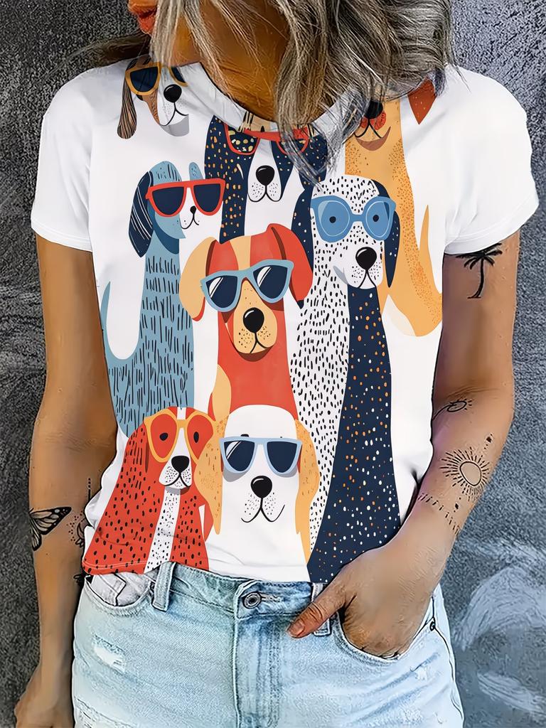 Damen Niedliche T-Shirts Rundhals Kurzarm Cartoon Hund Druck T-Shirt Damen Outfits Lässig Tägliche Kleidung