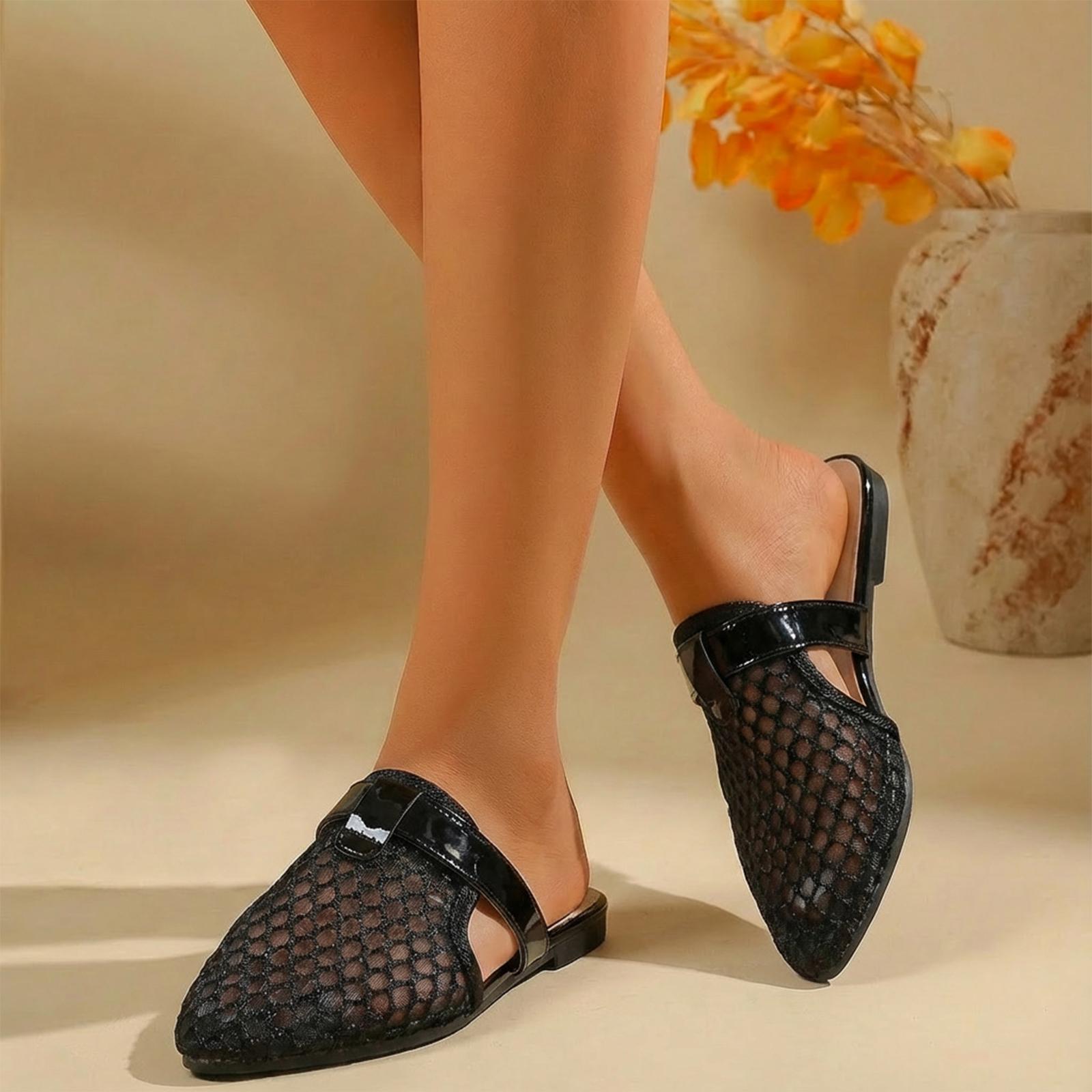 Summer women s mesh breathable toe cap retro woven hollow pointed flat slippers 36