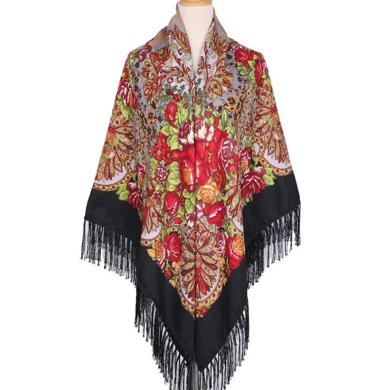 160*160Cm Ethnic Large Square Scarf For Woman Shawls Tassel Floral Print Headscarf Turban Wraps Russian Babushka Bandana Blanket