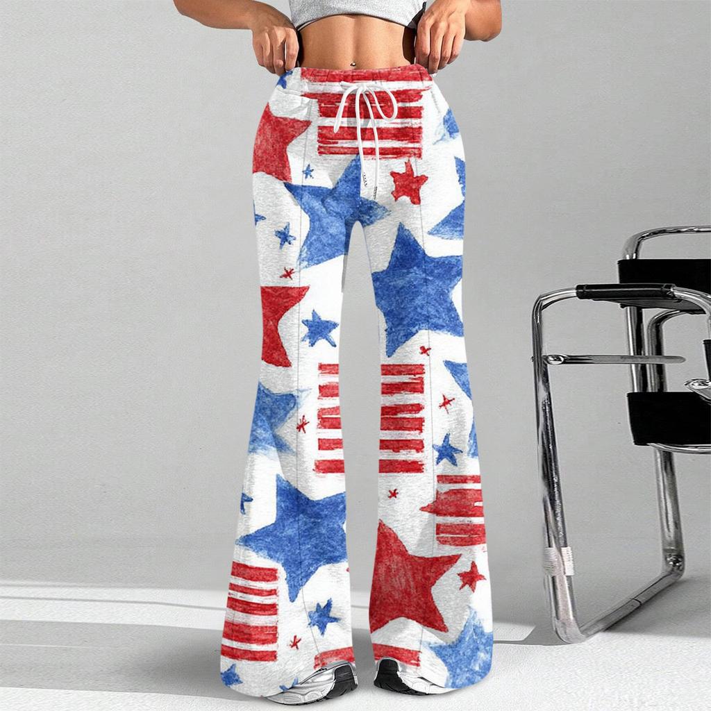 Women's Fashion Loose Drawstring Tight Waist Independence Day Printed Casual Sports Pants Casual Flared Pants