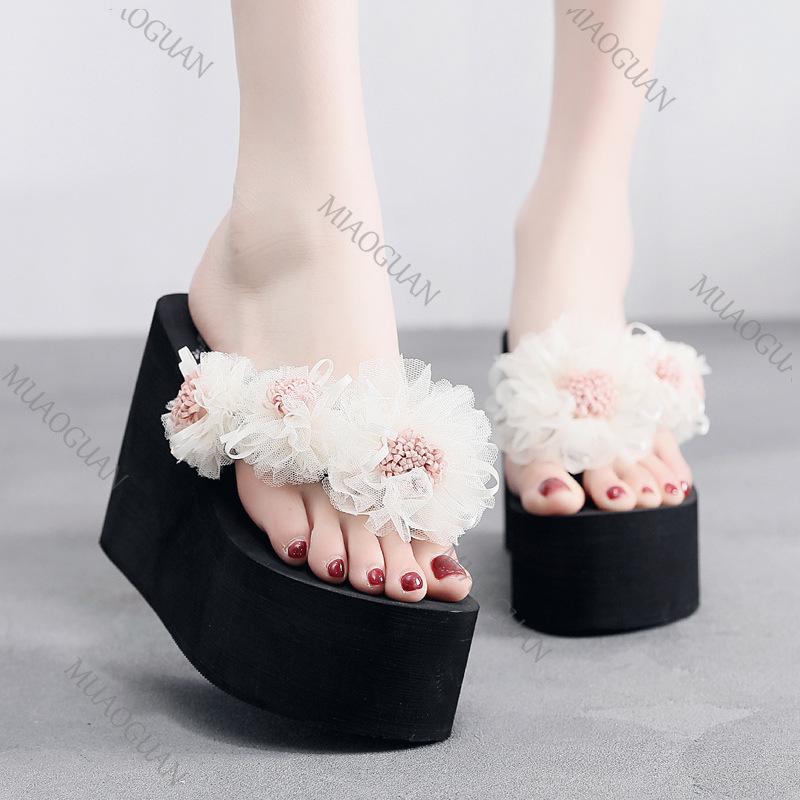Fashion Flower Decor Wedge Flip Flops Women 2025 Summer Black Thick Bottom Platform Sandals Slides Woman 11cm High Heels Beach Slippers