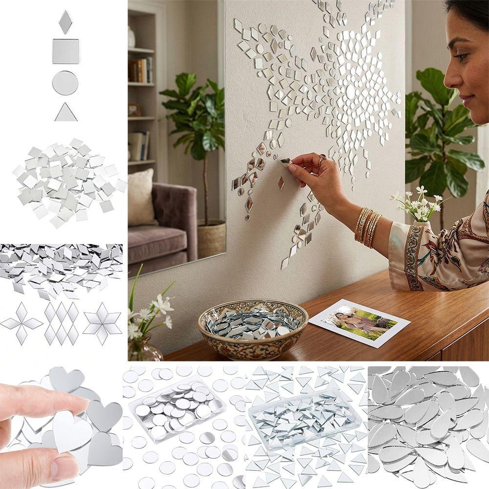 200PCS Multi Shape DIY Craft Mirror Stickers Round Square Triangle Diamond Heart Waterdrop Mirror Tiles Decals Adhesive Backing