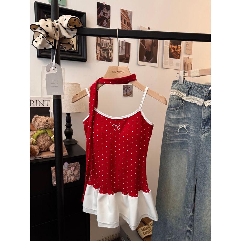 Kumikumi Niche Design Sense Polka Dot Patchwork Cami Women clothes Summer Frill Slimming Versatile Top