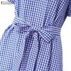 ZANZEA Women Casual V-Neck Short Sleeve Loose Grid Print Dress