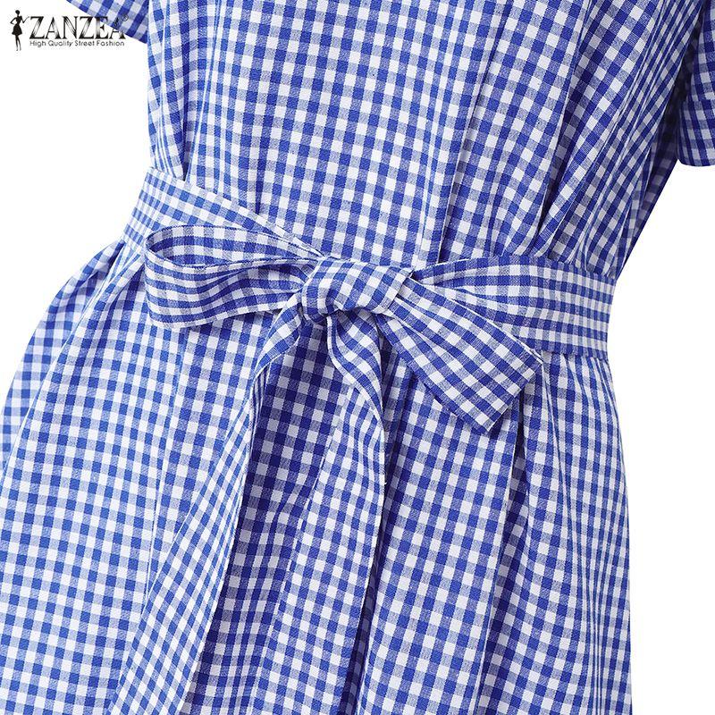 ZANZEA Women Casual V-Neck Short Sleeve Loose Grid Print Dress