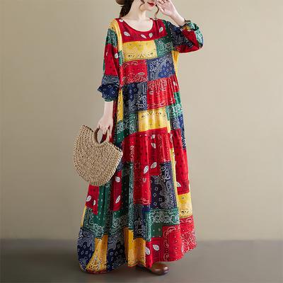 DIMANAF 2025 Women Plus Size Spring Long Dress Loose Basic Printing Vintage Casual Floral Oversize Long Sleeve Maxi