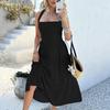 Women Vacation Style Solid Color High Waist Sleeveless Hanging Neck Long Dresses
