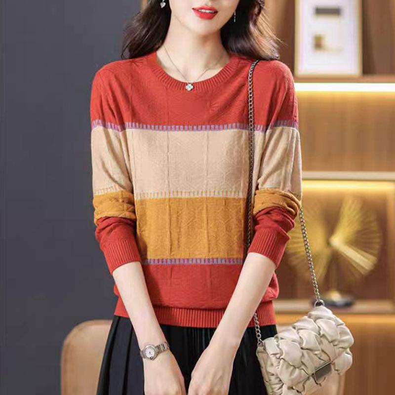 Striped Thin Knit Sweater Top Autumn Women's Color-blocked Crew Neck Pullover Sweater Women's Base Layer