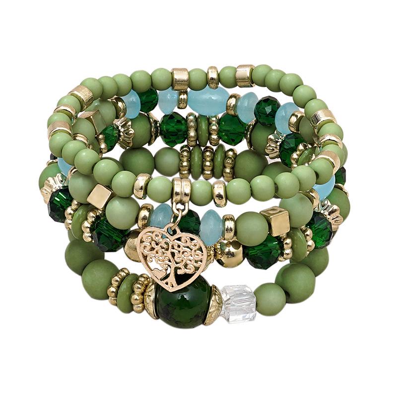 Bohemian Ethnic 4-Piece Bracelet Set: Multi-Layer Stackable with Peach Heart Tree Pendant & Acrylic Beads.