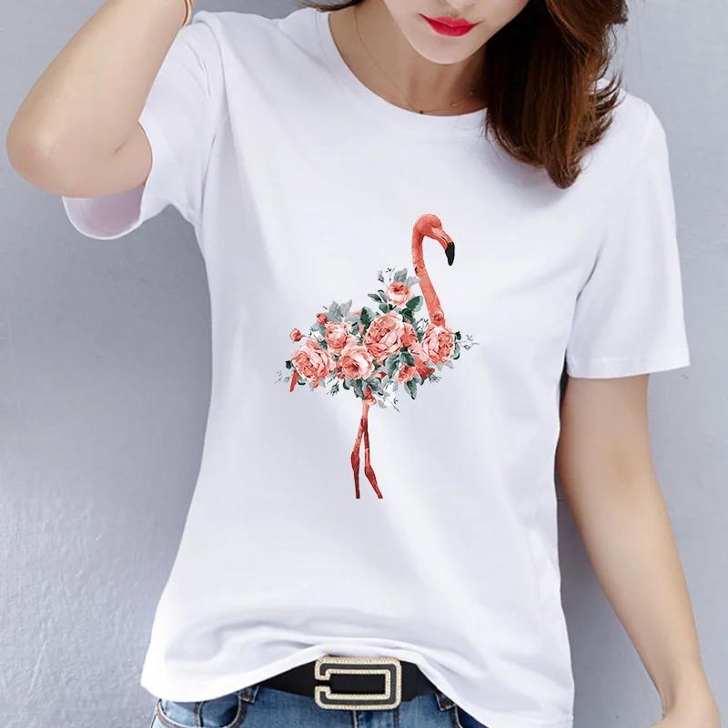 Flamingos Pattern Half Sleeve Tshirt Womens Harajuku Style Graphic Top Aesthetic Short Base Shirt Fashion for Ladies