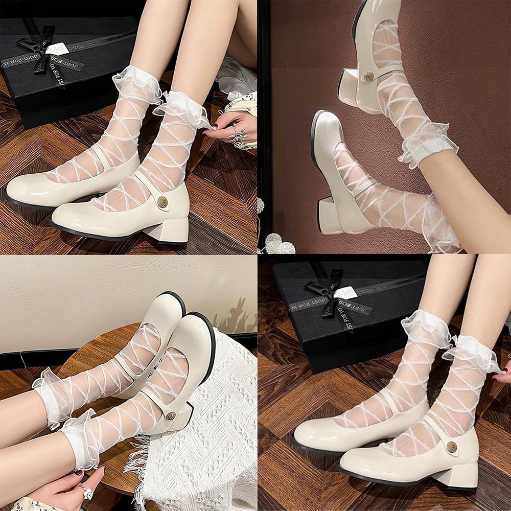Women Lolita Organza Ruffle Ankle Socks, Summer Sheer Glass Silk Crisscross Strap Mesh Socks, Japanese Sweet Cosplay Short Socks