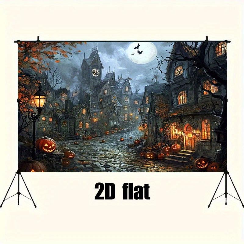 1 Piece of 2D Background Fabric Hand-painted Halloween Horror Style Dark Town and Pumpkin Lantern Design No Power Required