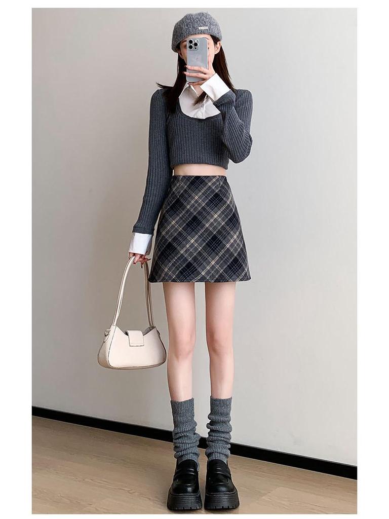 Red Plaid Women's High-Waist A-Line Skirt, Stylish Petite Woolen Skirt for Spring/Autumn 2026.