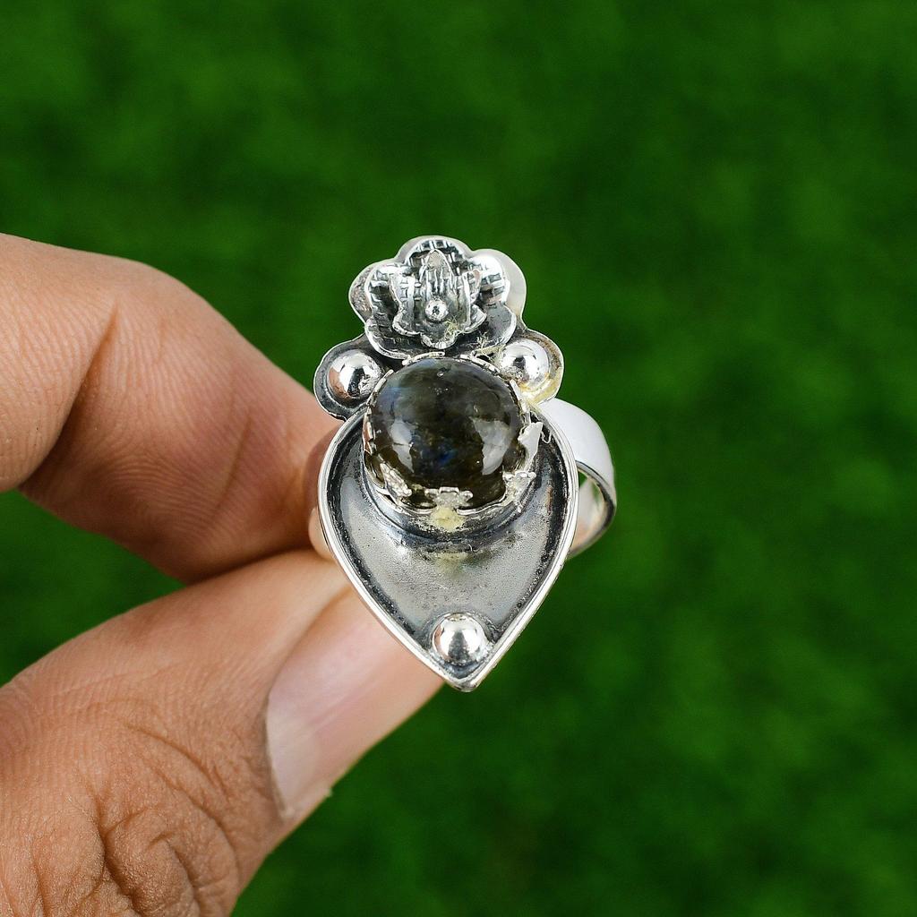 Gift For Her 925 Silver Natural Labradorite Promise Flower Adjustable Ring