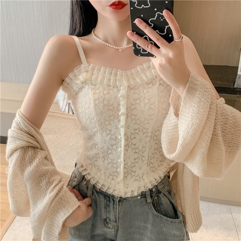 Popular Lace Pearl Pleated Camisole with Chest Pads - Beautiful Back Bodycon Base Layer Top