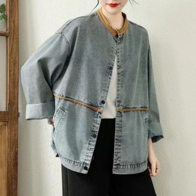 Jaquetas Femininas Vintage Gola Alta Manga Longa Botões Casacos Primavera Patchwork Solto Casual Jaquetas Femininas