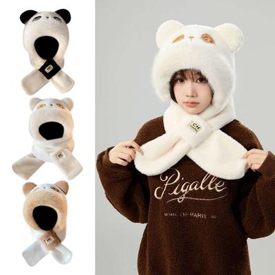 Cartoon Panda Beanies Cap Windproof Ear Protection Hat Integrated Hat Scarf Set  for Women Girls