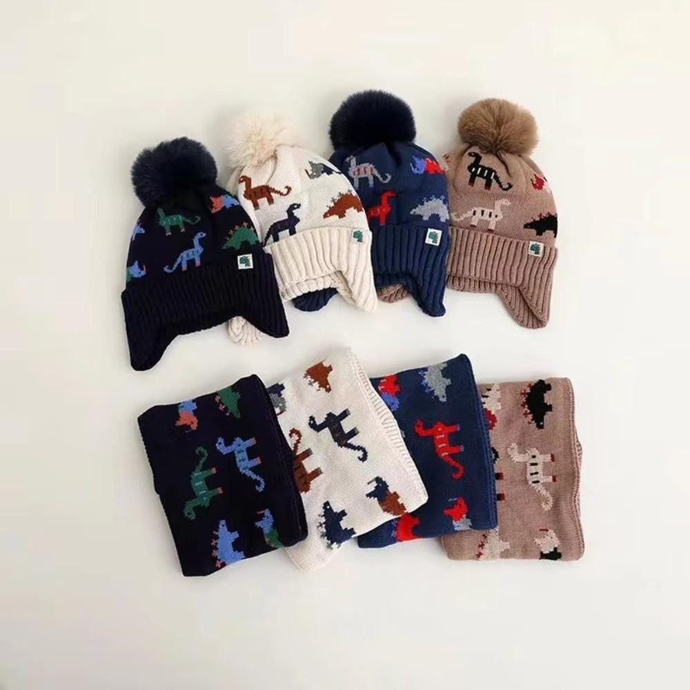 2Pcs Set Cartoon Dinosaur Scarf Set Thickened Knitted Hat New Kids Ear Protection Hats Winter