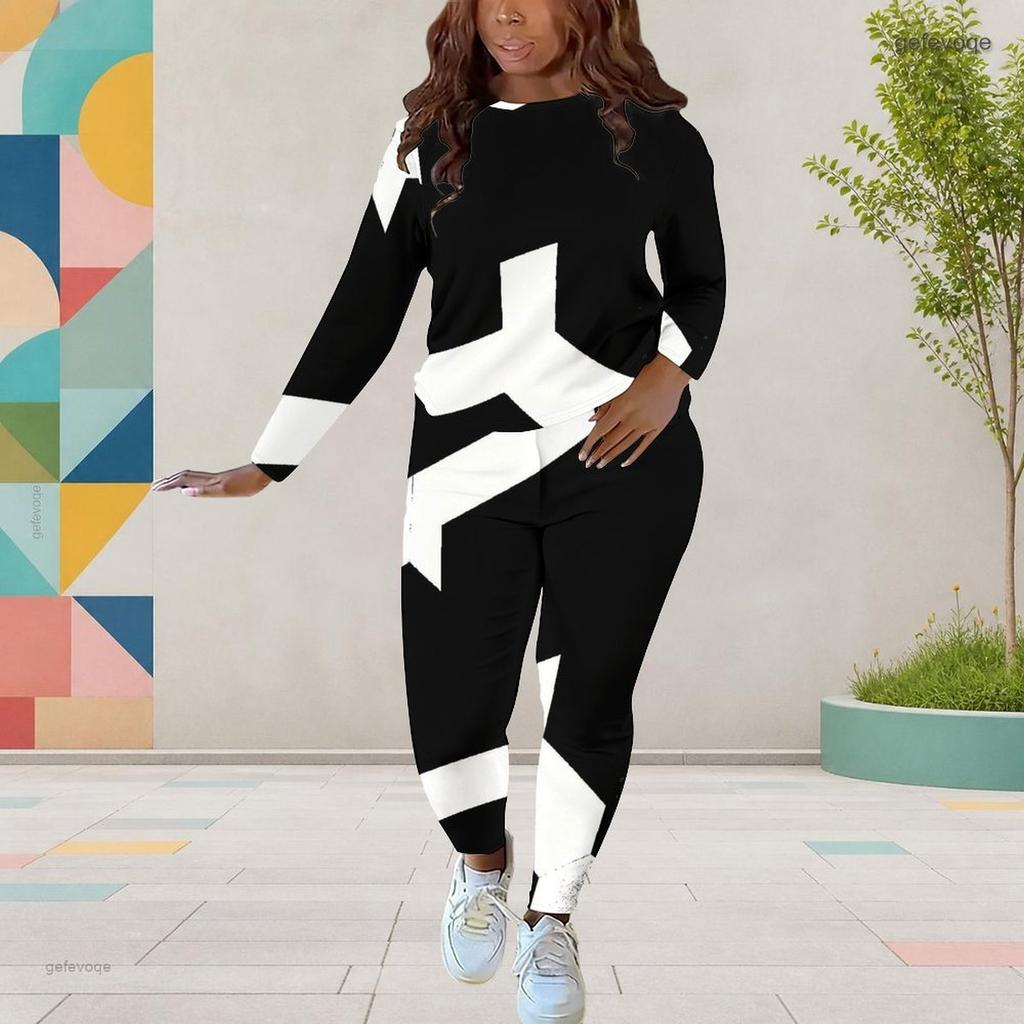 Women Plus Size Black White Printed Round Neck Long Sleeve Top And Fitted Pants Two Piece Set
