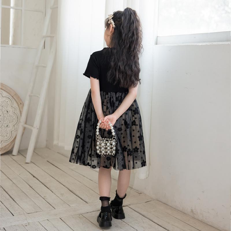 Girls' Fashionable Black Dress for Summer, Children's Princess Netted Puff-sleeved Dress