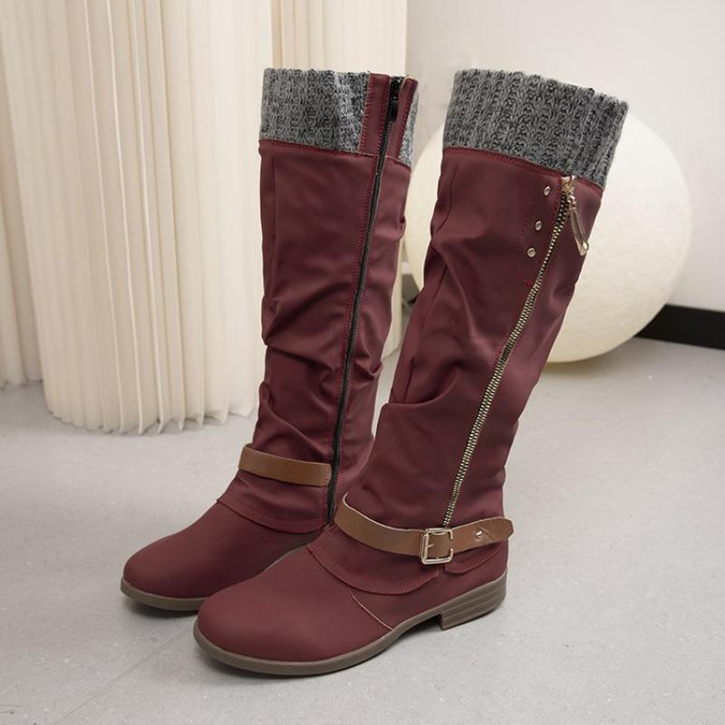 Large Size Tall Tube But Knee Metal Buckle Boots Autumn and Winter New Round Head Women's Boots