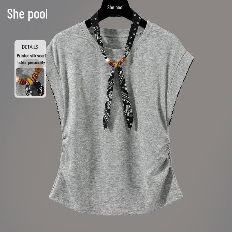Women s French Style Pleated Waist Flutter Sleeve T-Shirt One Size серый