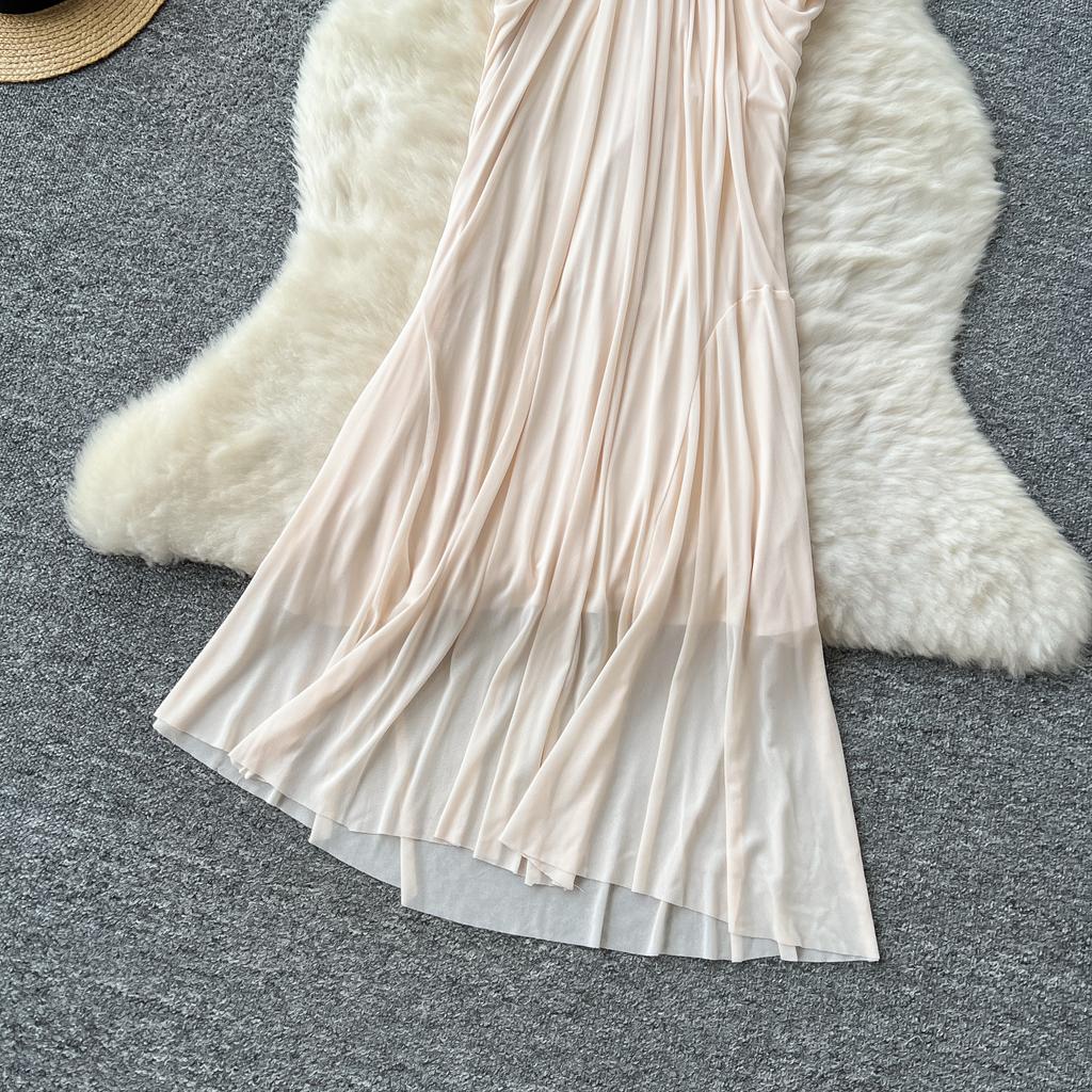 Summer Women Sexy Halter Open Back Luxury Beading Metal Fold Lace Evening Party Slim Long Maxi Dresses