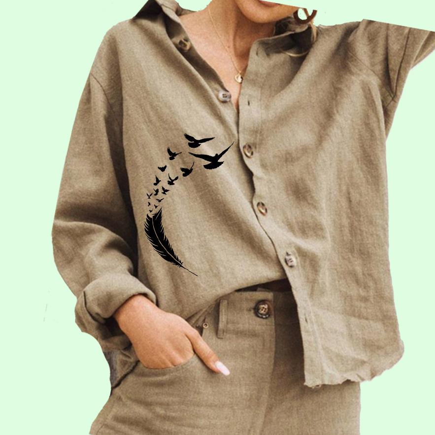 

Женская модная блузка с отложным воротником, женская повседневная рубашка с цветочным принтом из хлопка и льна на пуговицах 3XL хаки