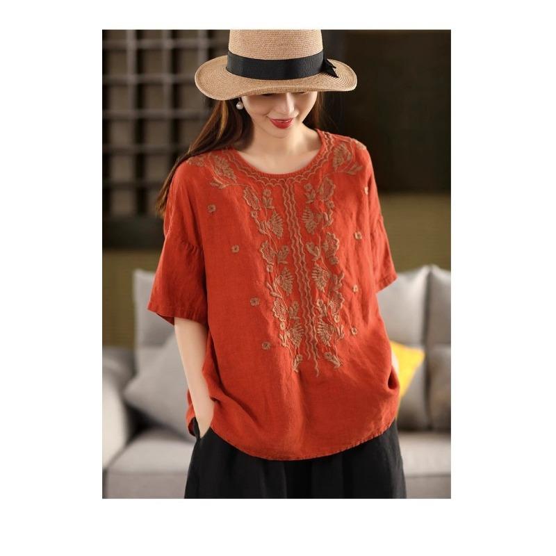 Heavy Embroidery Cotton and Linen Literary Loose Retro Temperament Round Neck Short-sleeved T-shirt Embroidered Versatile Summer New Top