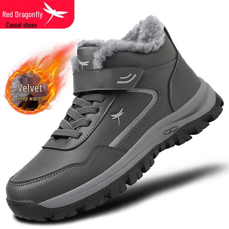 Red Dragonfly Men's Winter High-Top Casual Shoes: Velvet Warm, Soft-Sole, Non-Slip for Middle-Aged and Elderly.