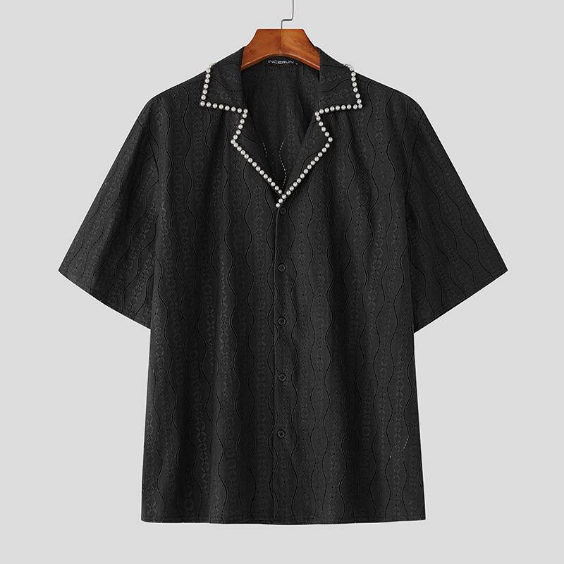 

INCERUN Men Beading Neck Short Sleeve Lace Crochet Casual Oversized Shirts XL